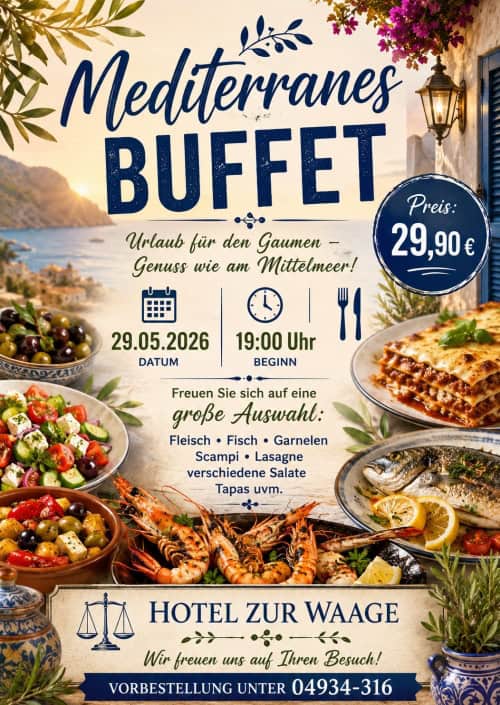 Mediterranes Buffet im Hotel zur Waage Marienhafe mit frischen Meeresfrüchten und mediterranen Spezi.